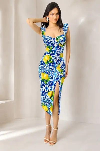 Rochie bodycon Ditsy LIME, sliț adanc si imprimeu cu lămâi, Blue, Marime S/M