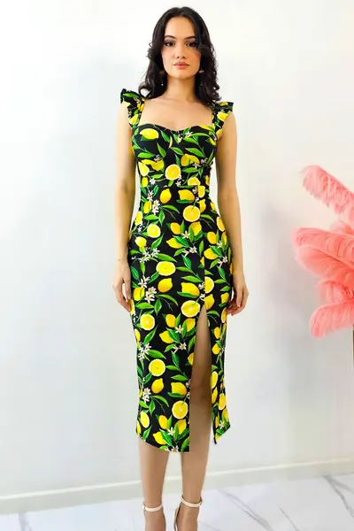Rochie bodycon Ditsy LIME, sliț adanc si imprimeu cu lămâi, Negru, Marime S/M