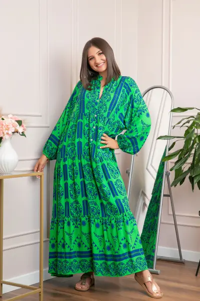 Rochie boho chic Daphne cu imprimeu verde floral