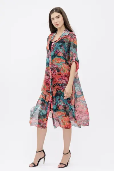 Rochie camasa A-line din matase si vascoza cu dublura , imprimeu pictural cu rosu si turcoaz