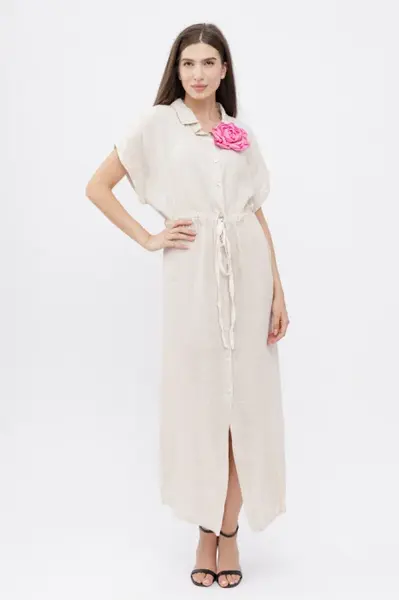 Rochie camasa, din in, cu snur in talie, bej
