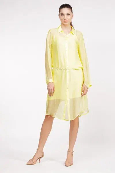 Rochie camasa din matase si vascoza galben pai, cu dublura