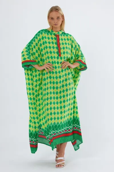 Rochie camasa oversize cu imprimeu geometric, cu romburi galbene