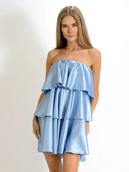 Rochie Cristal scurta cu volanase din Satin bleu
