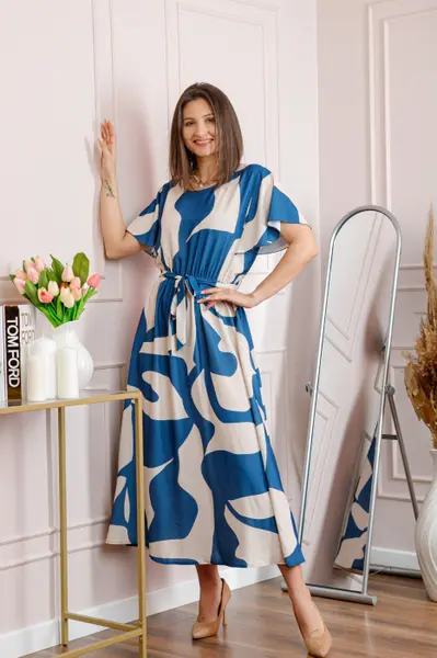 Rochie dama albastra Artemis cu imprimeu abstract si cordon in talie