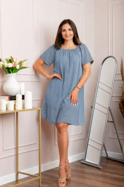 Rochie dama albastra din bumbac Sandy cu perforatii