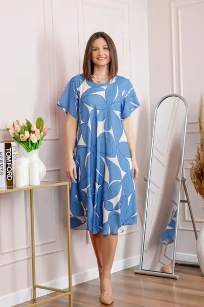 Rochie dama bleu plus size cu imprimeu floral si croi lejer Jany