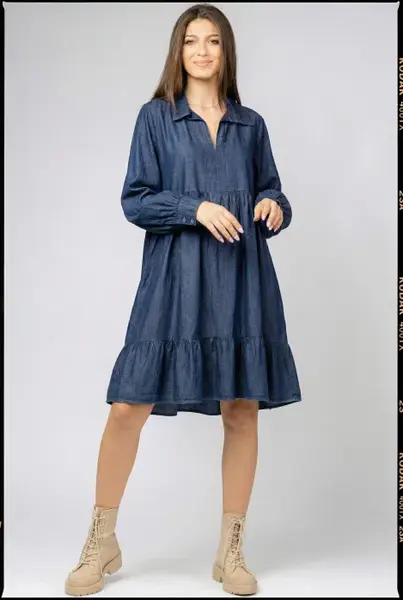 Rochie dama denim cu guler si croi lejer cu volane din bumbac
