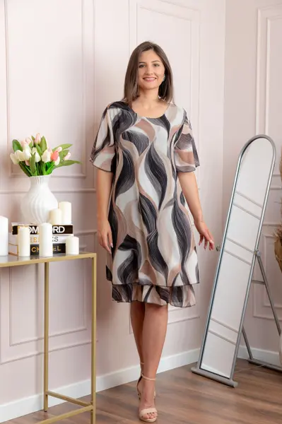 Rochie dama Frances bej cu imprimeu abstract