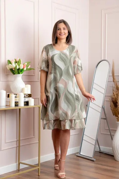 Rochie dama Frances kaki cu imprimeu abstract