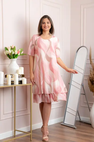 Rochie dama Frances roz pudrat cu imprimeu abstract