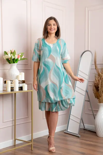 Rochie dama Frances turcoaz deschis cu imprimeu abstract