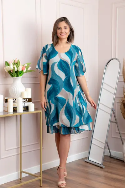Rochie dama Frances turcoaz inchis cu imprimeu abstract