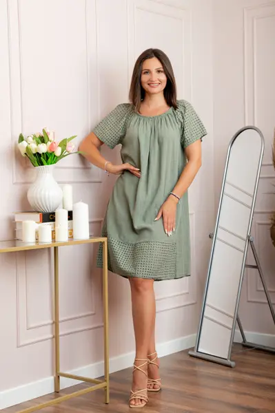 Rochie dama kaki din bumbac Sandy cu perforatii