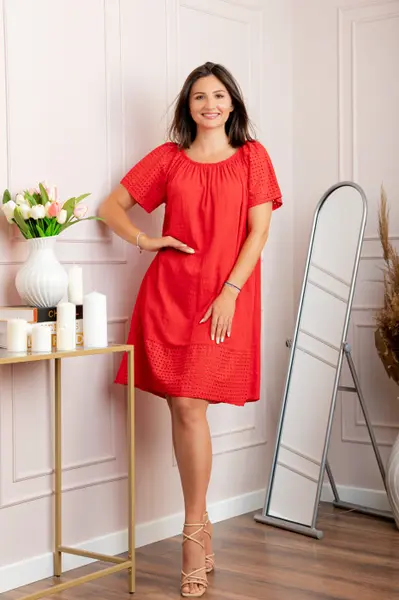Rochie dama rosie din bumbac Sandy cu perforatii