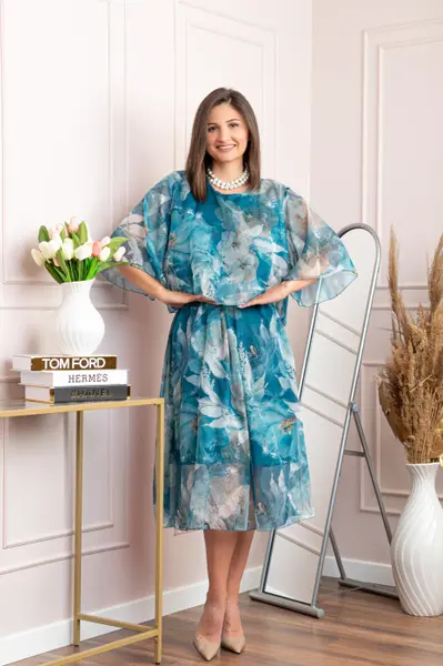 Rochie dama Theresa din voal cu imprimeu floral albastru petrol