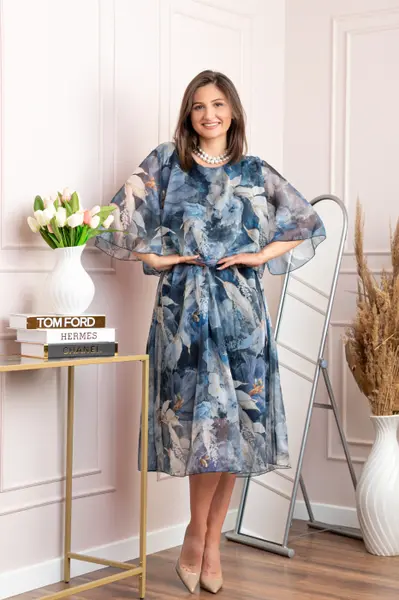 Rochie dama Theresa din voal cu imprimeu floral bleumarin