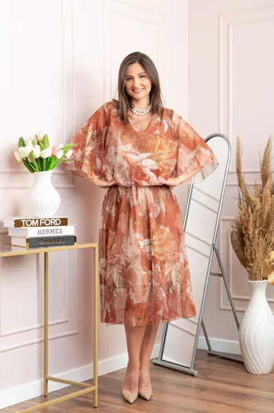 Rochie dama Theresa din voal cu imprimeu floral caramiziu