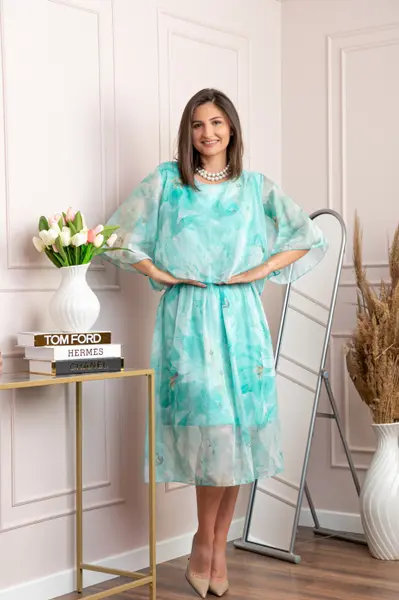 Rochie dama Theresa din voal cu imprimeu floral turcoaz aqua