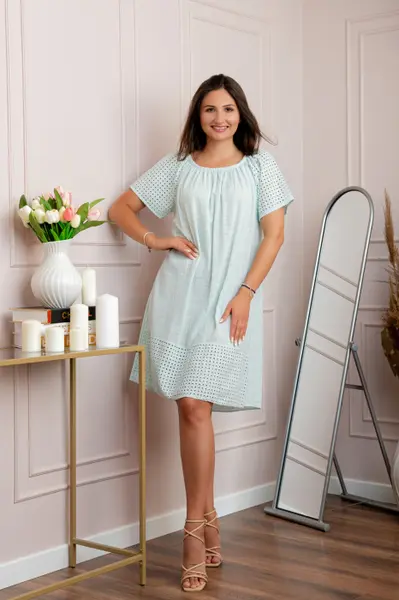 Rochie dama verde mint din bumbac Sandy cu perforatii