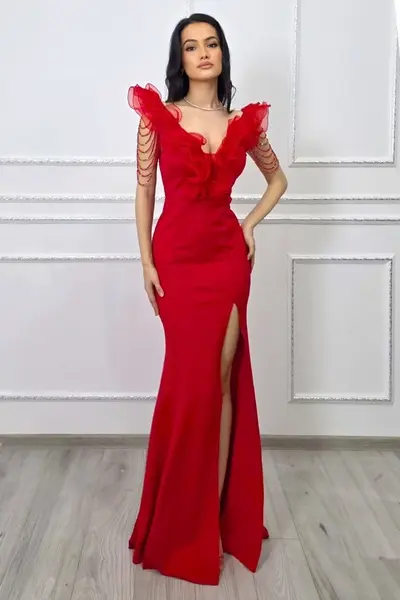 Rochie de gala Zenaria, cu siraguri din cristale si volane, Rosu