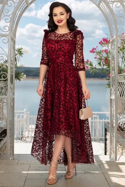 Rochie de ocazie asimetrica Francesca bordo cu model din catifea