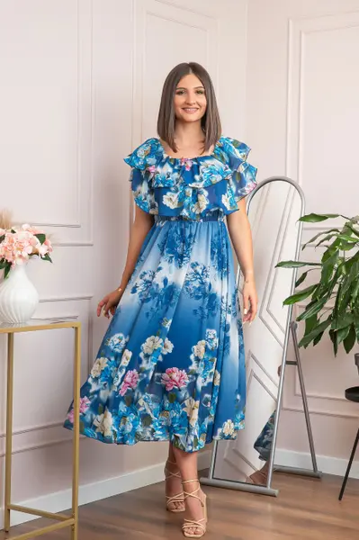 Rochie de ocazie Elle cu volane ample si imprimeuri florale - Albastru