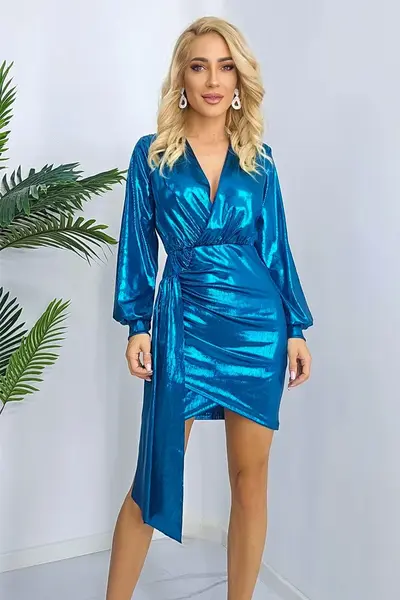 Rochie de ocazie Glena, cu aspect metalic si detaliu asimetric, Albastru, Marime S/M