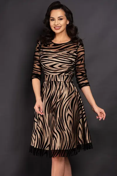 Rochie de ocazie midi Francesca cu model zebrat si dublura bej