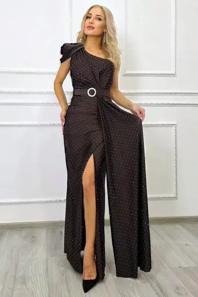 Rochie de ocazie VelaNORA, texturata integral cu micro-cristale si falduri, Maro, Marime S/M