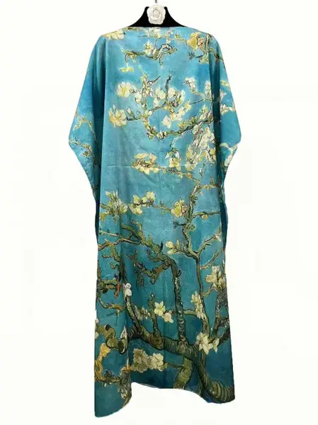 Rochie de plaja lunga tip poncho din matase cu reproducere dupa Migdal Inflorind de Van Gogh