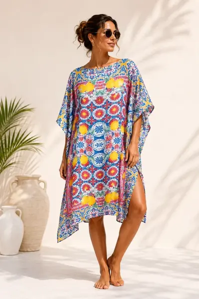Rochie de plaja tip poncho din matase cu imprimeu mediteranean cu lamai pe alb si fucsia