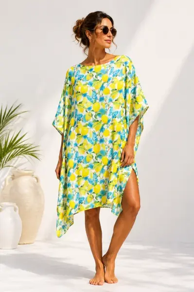 Rochie de plaja tip poncho din matase cu imprimeu mediteranean cu lamai si fluturi