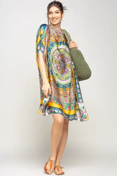 Rochie de plaja tip poncho din matase cu mandala centrala in chenar galben si gri