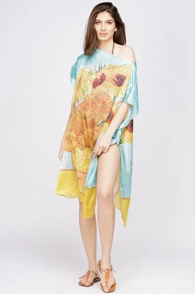 Rochie de plaja tip poncho din matase cu reproducere dupa Floarea Soarelui de Van Gogh