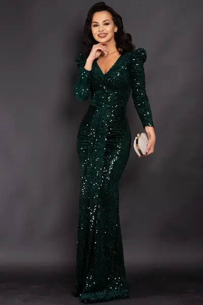 Rochie de seara eleganta Clarisse tip sirena din paiete verzi