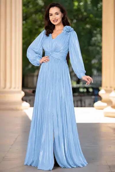 Rochie de seara eleganta Gabriella bleu cu drapaje si floare 3D