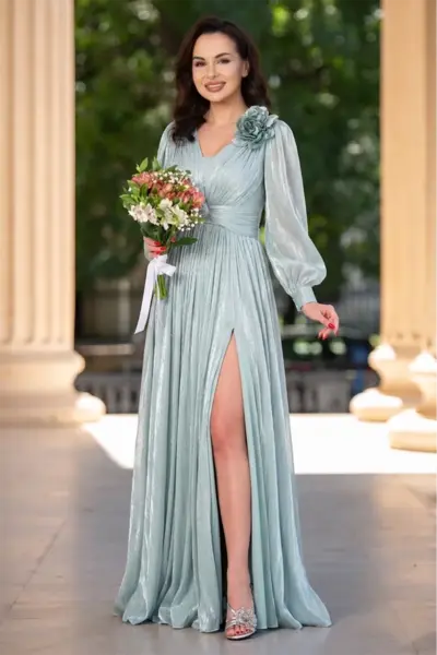 Rochie de seara eleganta Gabriella mint cu drapaje si floare 3D