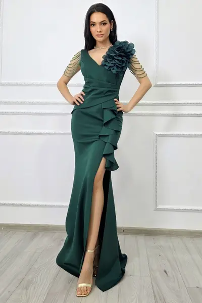 Rochie de seara ISALYN, cu siraguri de cristale in cascada si floare 3D, Verde Smarald