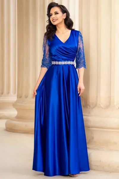 Rochie de seara lunga Giorgia albastru royal din tafta cu maneci brodate