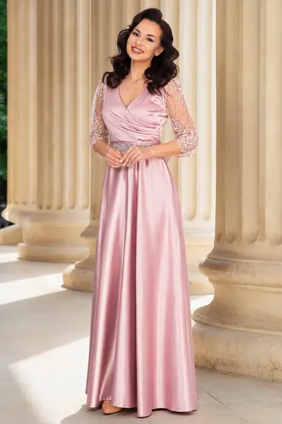 Rochie de seara lunga Giorgia roz din tafta cu maneci brodate