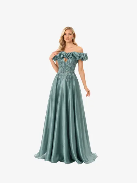 Rochie de seară lungă “Milenna”, verde salvie cu aplicații strălucitoare și volane pe umeri - M