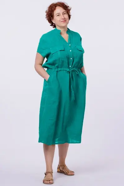 Rochie de vara midi din in cu buzunare si siret in talie, turcoaz