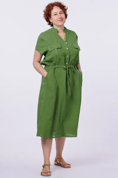 Rochie de vara midi din in cu buzunare si siret in talie, verde olive