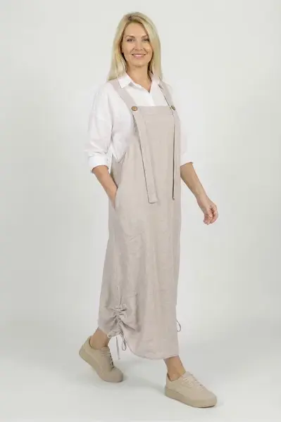 Rochie de vara tip sarafan lung cu bretele si snur reglabil, amestec de in cu vascoza bej