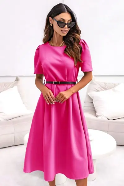 Rochie de vara ZALIA, croi bufant si curea subtire, Roz Fucsia, Marimea S/M