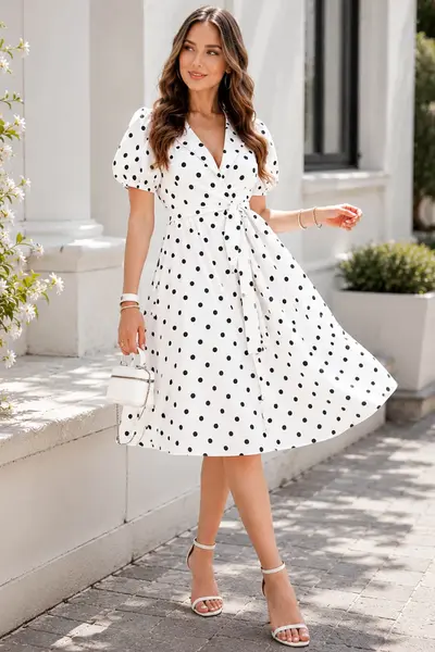 Rochie de zi alba Ayana in clos cu buline negre