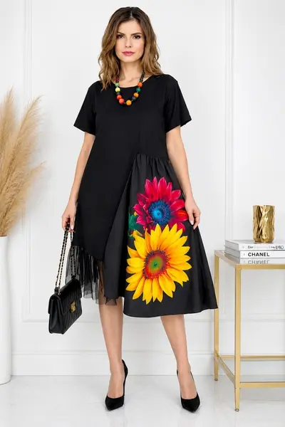 Rochie de zi Arty Fiora, cu tull si maneca scurta, Daisy Fragrance, Marime S/M/L