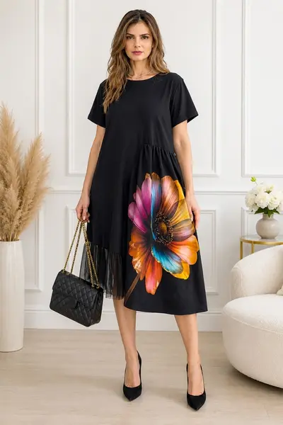 Rochie de zi Arty Fiora, cu tull si maneca scurta, Fleur Amour, Marime S/M/L