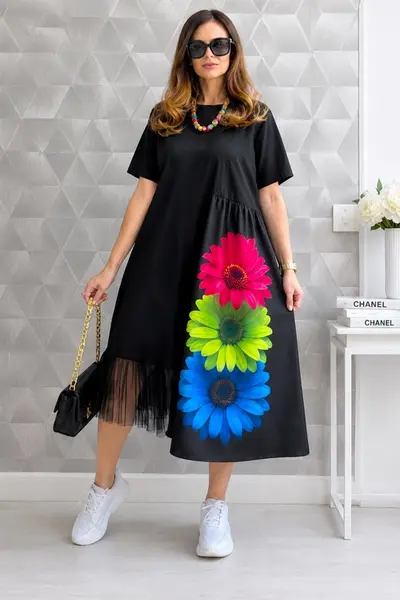 Rochie de zi Arty Fiora, cu tull si maneca scurta, Flora Belle, Marime S/M/L